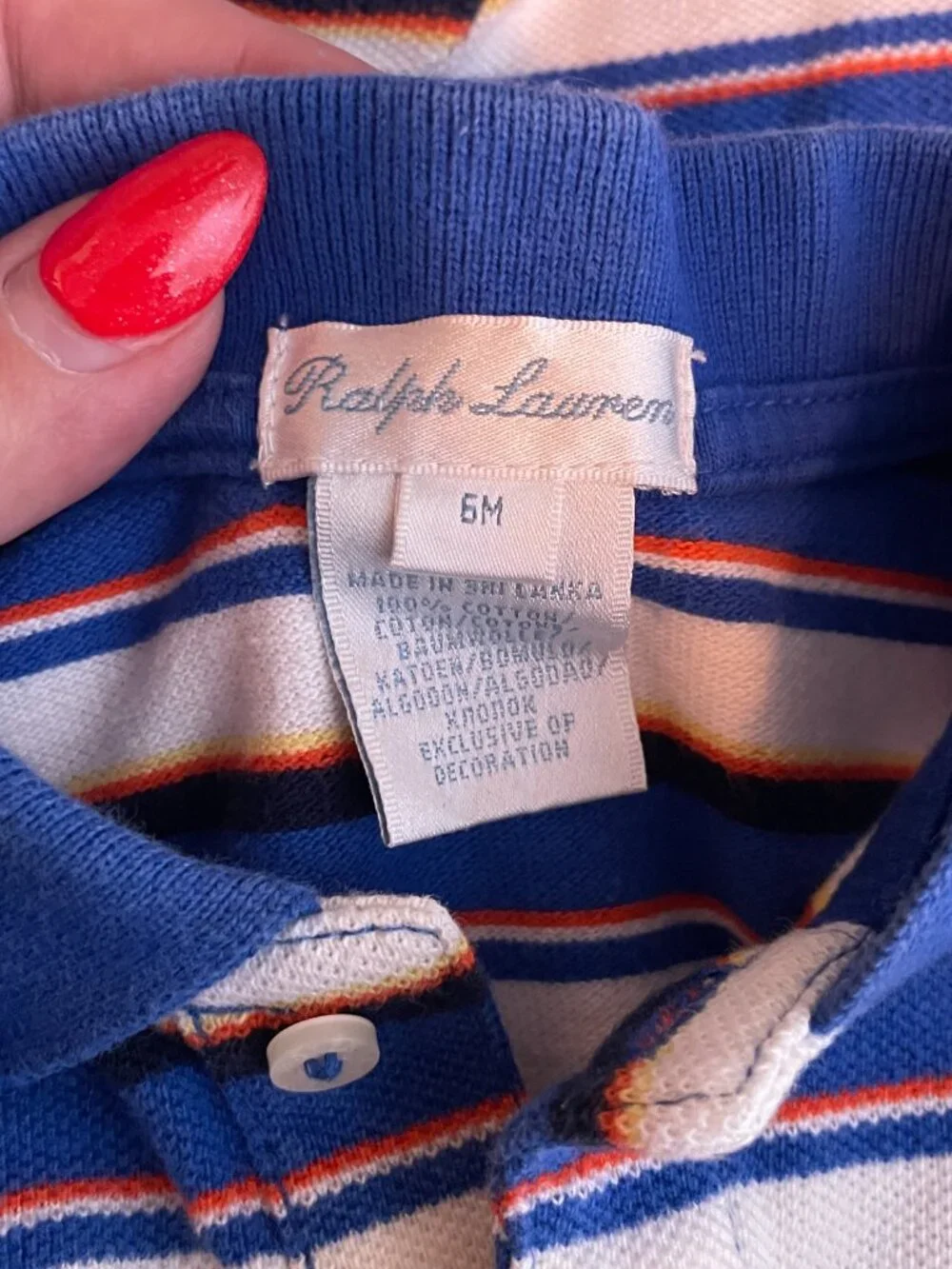 Ralph Lauren Baby 6M Blue White Red Stripe Polo Bodysuit Cotton Knit Long Sleeve